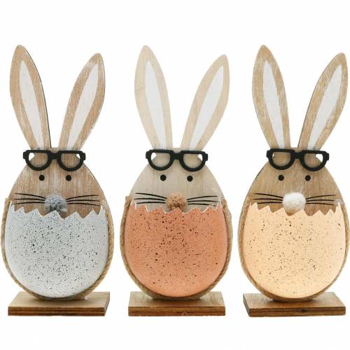 Coniglio di legno in un uovo, decorazione primaverile, conigli con occhiali, coniglietti pasquali 3pz
