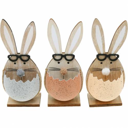 Prodotto Coniglio di legno in un uovo, decorazione primaverile, conigli con occhiali, coniglietti pasquali 3pz