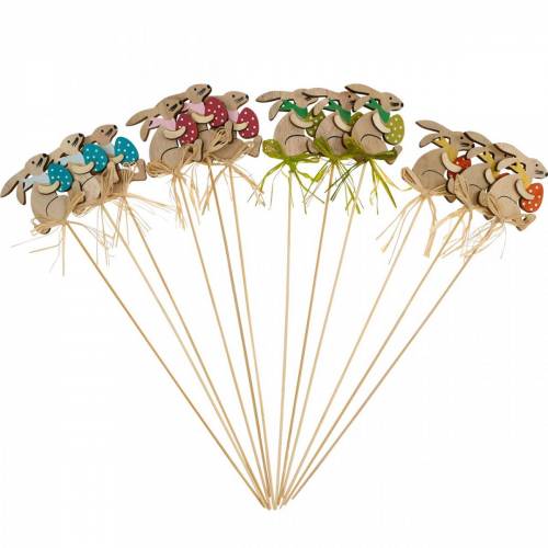 Floristik24 Coniglietto con uovo di Pasqua su un bastone, tappo per fiori coniglietto pasquale, decorazione in legno di Pasqua, tappo decorativo, decorazione floreale 12 pezzi