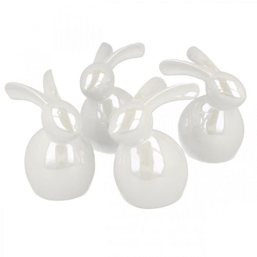 Floristik24 Coniglietto decorativo, decorazione pasquale, coniglietto pasquale in ceramica bianco, madreperla H9,5cm 4pz