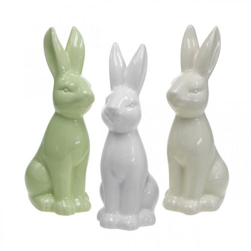 Floristik24 Coniglio Ceramica Bianco, Crema, Verde Coniglietto di Pasqua Deco Figura H13cm 3pz