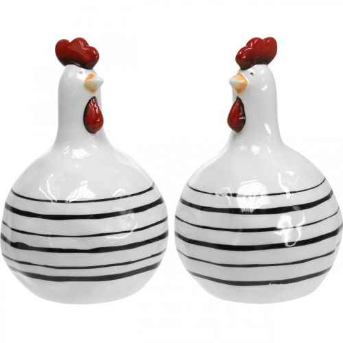 Pollo decorativo in ceramica a righe bianche e nere Pasqua H17cm 2pz