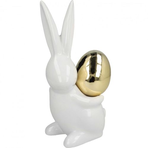 Coniglietti pasquali eleganti, coniglietti in ceramica con uovo d&#39;oro, decorazione pasquale bianca, dorata H18cm 2 pezzi