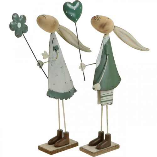 Decorazione di Pasqua in metallo Decorazione per la tavola di coppia di conigli di Pasqua primaverili Verde Beige L29,5/31,5 cm Set di 2