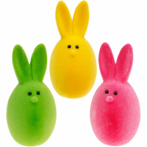 Prodotto Mix di uova di Pasqua con orecchie, uova di coniglio floccate, decorazioni pasquali colorate 6 pezzi