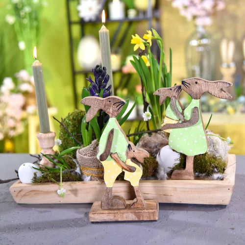 Prodotto Coniglietta madre con bambino, decorazione pasquale, primavera, coniglietto pasquale in legno, naturale, verde, giallo H22cm