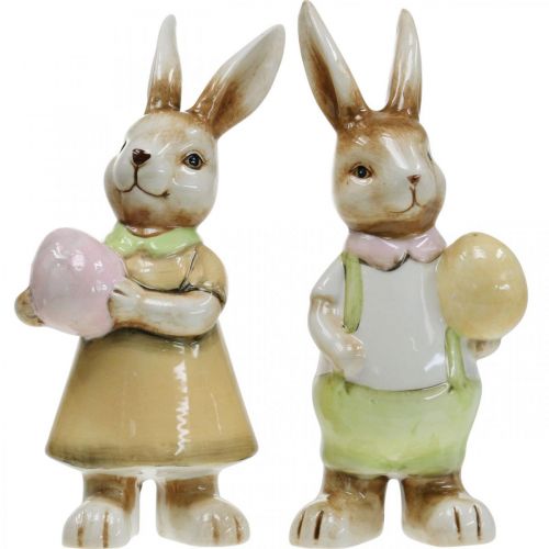 Floristik24 Coniglietti pasquali decorativi con uovo, coniglietti pasquali decorativi, ceramica, H24cm 2 pezzi
