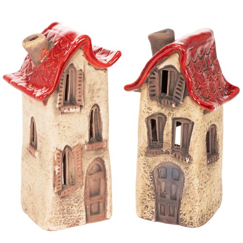 Decorazione a forma di casetta in ceramica con tetto rosso, casetta luminosa, 15 cm, 2 pezzi