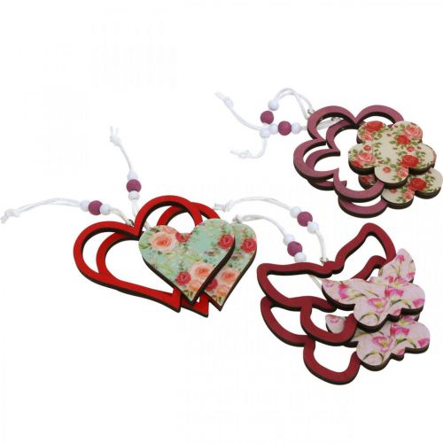 Prodotto Ciondolo primaverile, fiore cuore farfalla, decorazione in legno con motivo floreale H8,5/9/7,5 cm 6 pz