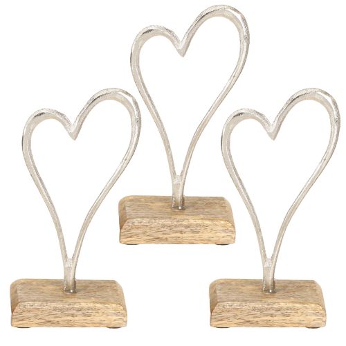 Prodotto Decorazione a forma di cuore in metallo con base in legno naturale argento H15,5cm 3 pezzi