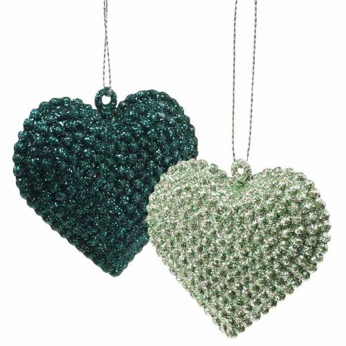 Floristik24 Set cuore glitterato da appendere smeraldo, blu ghiaccio 6 cm x 6,5 cm 12 pezzi