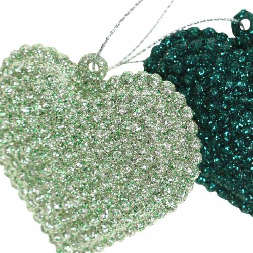 Floristik24 Set cuore glitterato da appendere smeraldo, blu ghiaccio 6 cm x 6,5 cm 12 pezzi