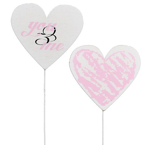 Cuore sull&#39;asta 7 cm bianco, rosa 12 pezzi