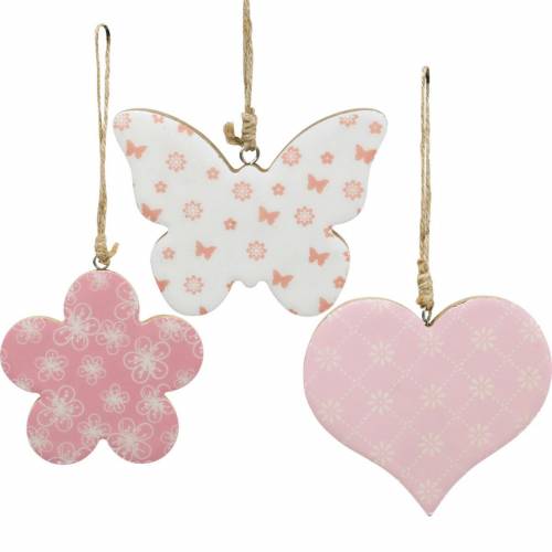 Floristik24 Decorazione da appendere cuore fiore farfalla bianca, rosa legno decorazione primaverile 6 pezzi