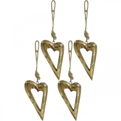 Floristik24 Cuore decorativo, legno di mango effetto oro, decorazione in legno da appendere 13,5 cm × 7 cm 4 pezzi