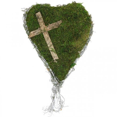 Grave decorazione vite cuore, muschio con croce per disposizione tomba 30 × 20 cm