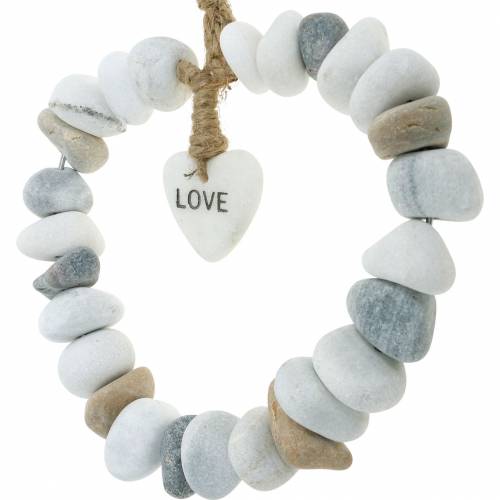 Floristik24 Cuore da appendere “Love” in ciottoli di fiume Natura, grigio/bianco Ø18cm 1 pz