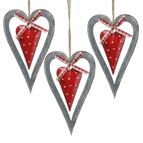 Floristik24 Cuore decorativo da appendere in metallo rosso, argento Ø8,8 H15cm 3 pezzi
