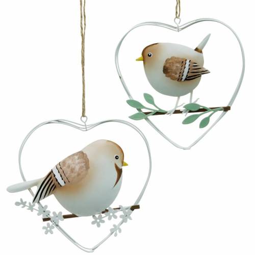 Floristik24 Ciondolo cuore con passeri, decorazione primaverile, cuore in metallo, San Valentino, cuore uccello 4pz