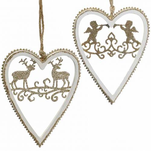 Prodotto Cuori da appendere con intarsio in legno, plastica bianco, dorato, Ø9,2 cm H12 cm 4 pz