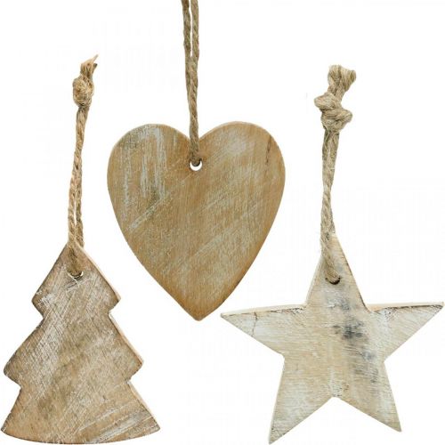 Floristik24 Ciondolo in legno, abete/cuore/stella, set decorazioni natalizie H7,5/8 cm 9 pezzi