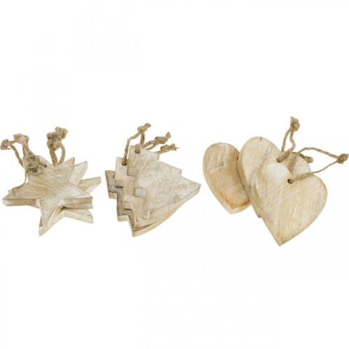 Floristik24 Ciondolo in legno, abete/cuore/stella, set decorazioni natalizie H7,5/8 cm 9 pezzi
