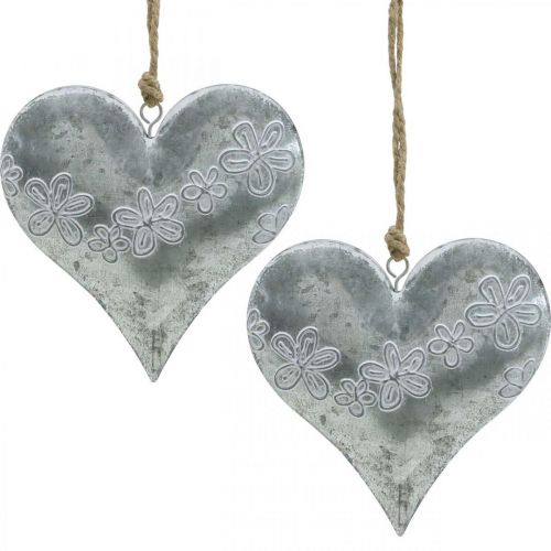 Floristik24 Cuori da appendere, decoro in metallo con goffratura, San Valentino, decoro primaverile argento, bianco H13cm 4pz