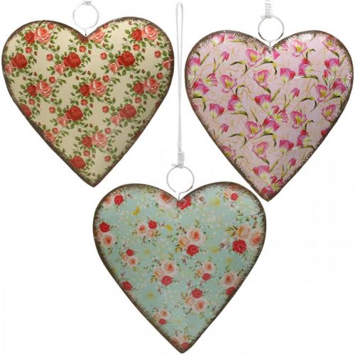 Floristik24 Cuore da appendere, San Valentino, decorazione cuore con rose, festa della mamma, decorazione in metallo H16cm 3 pezzi