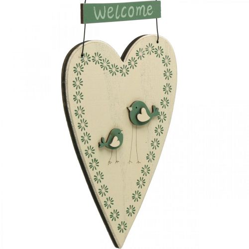 Floristik24 Cuore da appendere, decorazione in legno con uccelli, decorazione per porta, verde primavera, giallo H22cm set da 3
