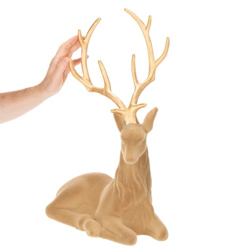 Statuetta decorativa di un cervo sdraiato con corna, decorazione floccata, 58 cm | Floristik24.it