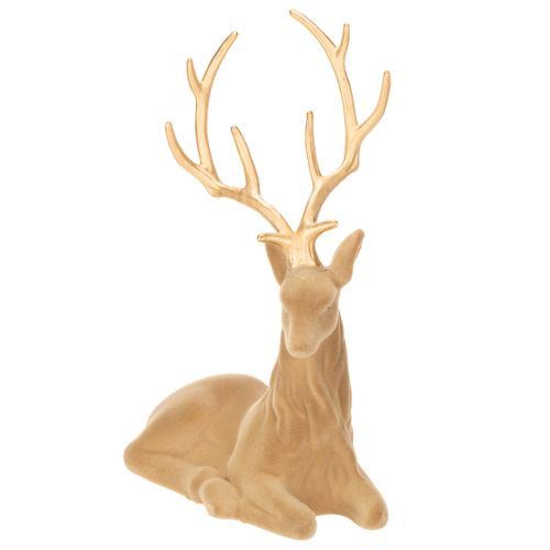Statuetta decorativa di un cervo sdraiato con corna, decorazione floccata, 58 cm | Floristik24.it