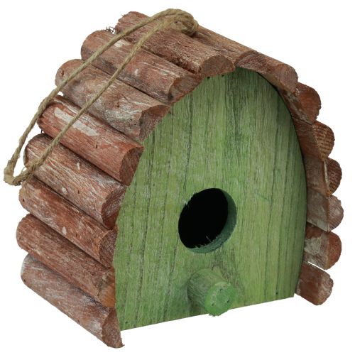 Casetta per uccelli decorativa da appendere con tetto rotondo in legno verde marrone 16,5×10×17 cm