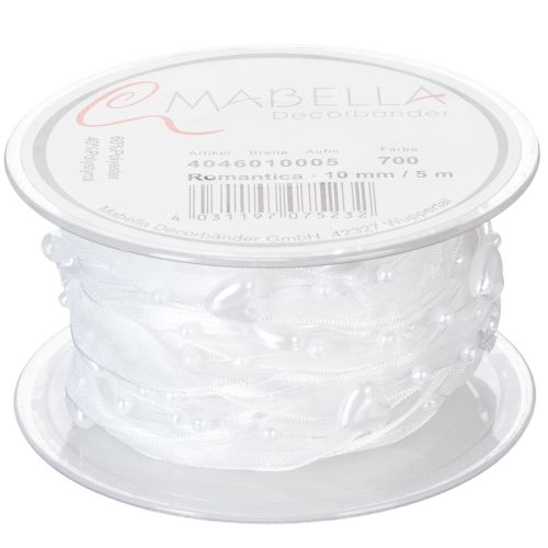 Prodotto Nastro in organza bianco per decorazioni nuziali, 10 mm x 5 m, con cuori e perle