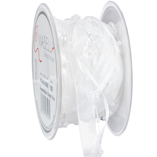 Nastro in organza bianco per decorazioni nuziali, 10 mm x 5 m, con cuori e perle