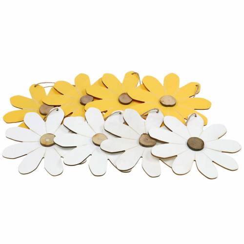 Floristik24 Fiori in legno da appendere, decorazione primaverile, fiori in legno gialli e bianchi, fiori estivi 8 pz