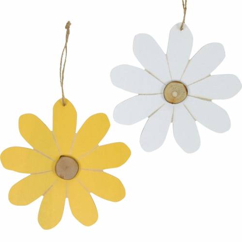 Floristik24 Fiori in legno da appendere, decorazione primaverile, fiori in legno gialli e bianchi, fiori estivi 8pz