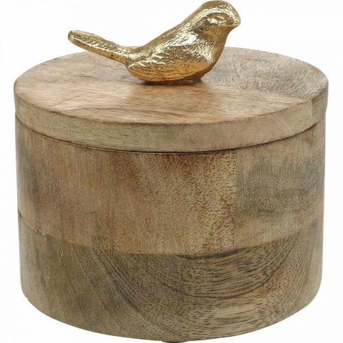 Portagioie con uccellino, primavera, scatola decorativa in legno di mango, vero legno naturale, dorato H11cm Ø12cm