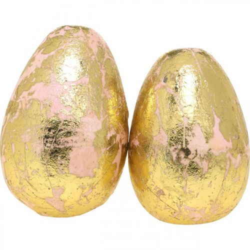 Floristik24 Nobili uova di legno, decorazioni primaverili, uova di Pasqua in rete rosa, dorate H7-7.5cm Ø 4-4.5cm 6pz