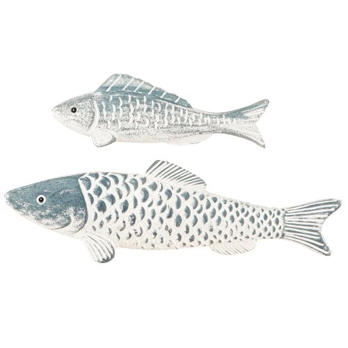 Prodotto Pesce in legno in blu bianco farina di legno L23cm/35cm Set di 2