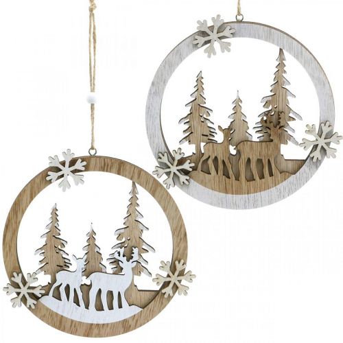 Rimorchio in legno con cervo, diorama della foresta, decorazione invernale da appendere Ø15cm 4 pezzi