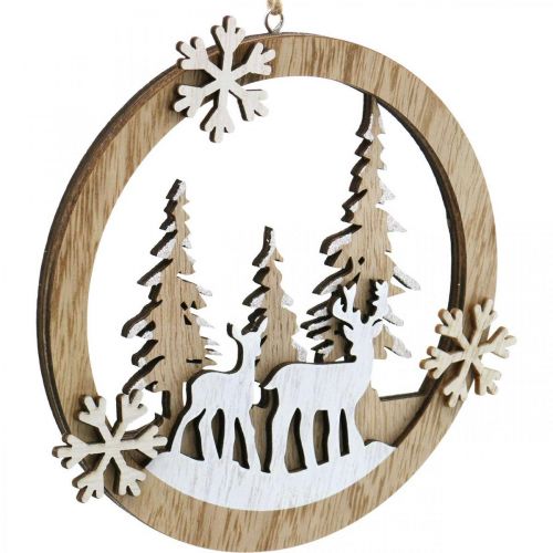 Floristik24 Rimorchio in legno con cervo, diorama della foresta, decorazione invernale da appendere Ø15cm 4 pezzi