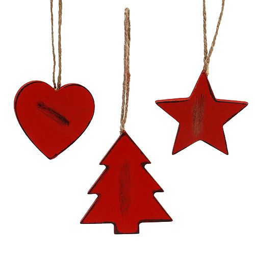Appendino in legno stella, cuore, albero di Natale rosso 6pz