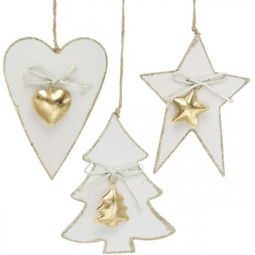 Prodotto Ciondolo natalizio cuore / abete / stella, decorazione in legno, decorazione per albero con campane bianco, dorato H14.5 / 14 / 15.5cm 3 pezzi