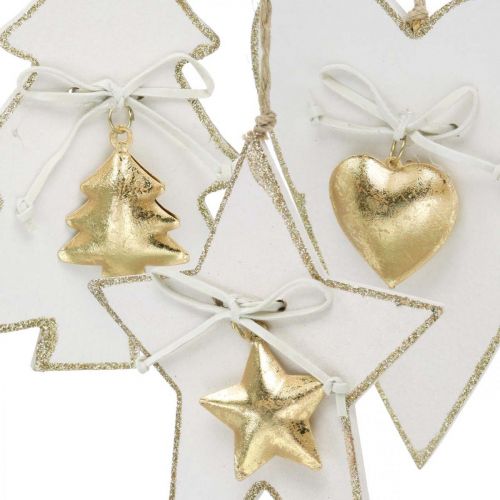 Prodotto Ciondolo natalizio cuore / abete / stella, decorazione in legno, decorazione per albero con campane bianco, dorato H14.5 / 14 / 15.5cm 3 pezzi