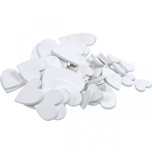 Floristik24 Cuori da sposa in legno con decorazione a dispersione cuori bianchi 3/5/7cm 50p