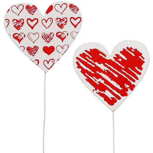 Floristik24 Cuore di legno sull'asta 7 cm x 7 cm bianco, rosso 12 pezzi