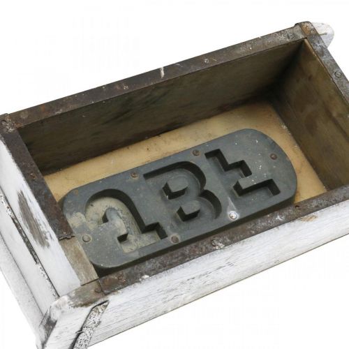 Prodotto Forma di mattone, scatola di mattoni, scatola di legno con accessori in metallo finitura anticata, lavato bianco L32cm H9cm
