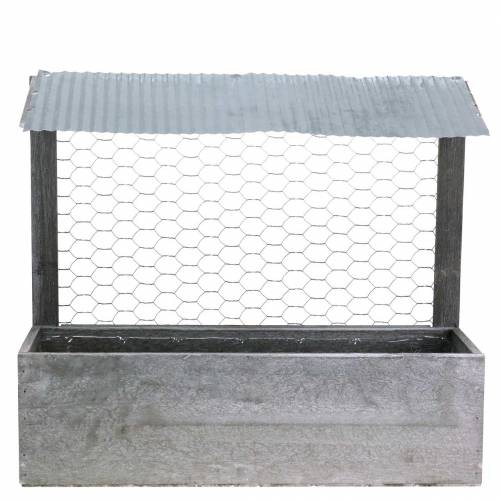 Floristik24 Fioriera in legno con tetto in lamiera e filo di coniglio grigio lavato 38 × 13,5 cm H34 cm