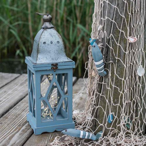 Lanterna in legno con decoro in metallo, lanterna decorativa da appendere, decoro da giardino blu-argento H51cm