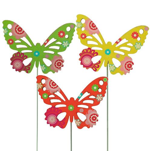Floristik24 Farfalle in legno sul bastone in colori assortiti. 9 cm